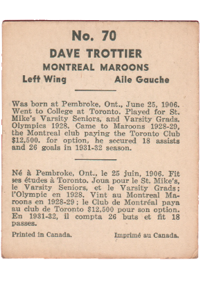 1936-37 1937 v356 world wide gum WWG #70 Dave Trottier. vendre mes cartes de hockey