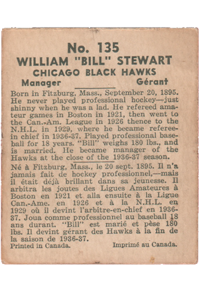 1937 V356 World Wide Gum #135 William Bill Stewart COACH hockey card for sale rc rookie