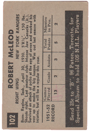 1952-53 Parkhurst #102 Robert "Jack" McLeod Rookie RC for sale