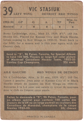 1953-54 Parkhurst #39 Vic Stasiuk hockey cards rc rookie a vendre