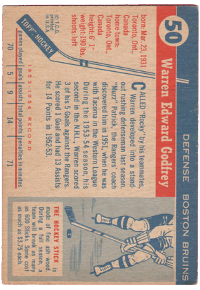1954-55 Topps #50 Warrem Godfrey hockey card rc rookie acheter
