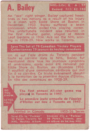 1955-56 Parkhurst #30 Ace Bailey OTG HOF hockey cartes encans acheter