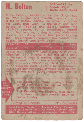 1955-56 Parkhurst Hockey #14 Hugh Bolton hockey cards jacque plante recrue