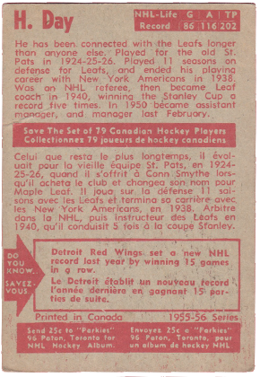 1955 Parkhurst #34 Hap Day HOF hockey cards for sale rc