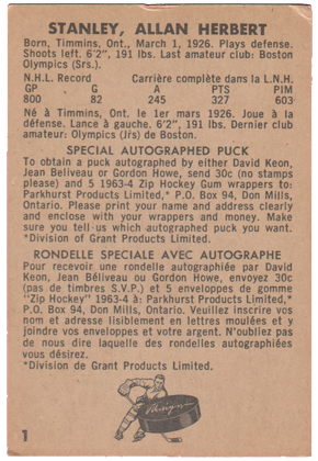 1963-64 PARKHURST #1 ALLAN STANLEY HOF cards for sale