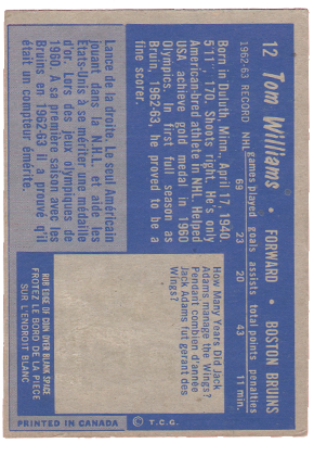 1963-64 Topps #12 Tom Williams HOF hockey card for sale