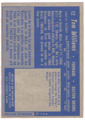 1963-64 Topps #12 Tom Williams HOF hockey card for sale 1963-64 Topps #12 Tom Williams HOF hockey card for sale