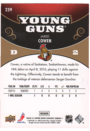 2010-11 upper Deck #239 Jared Cowen young guns RC Exclusive /100